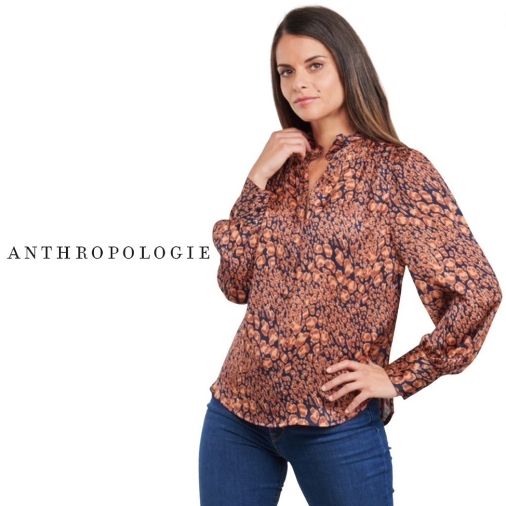 Anthropologie See U Soon Orange Navy Blue Splotch Animal Print Blouse - Size S